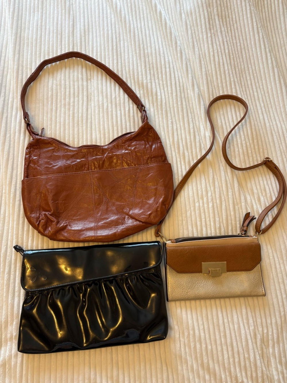 Brown Shoulder Bag, Black Clutch, Gold Cross Body Purse Bundle!